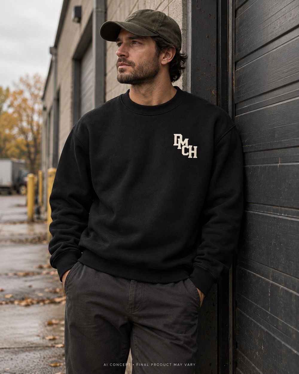 AI-generated lifestyle concept: DMCH Essential Crewneck. Final garment, fit, colour and decoration may vary; physical sample verification pending.