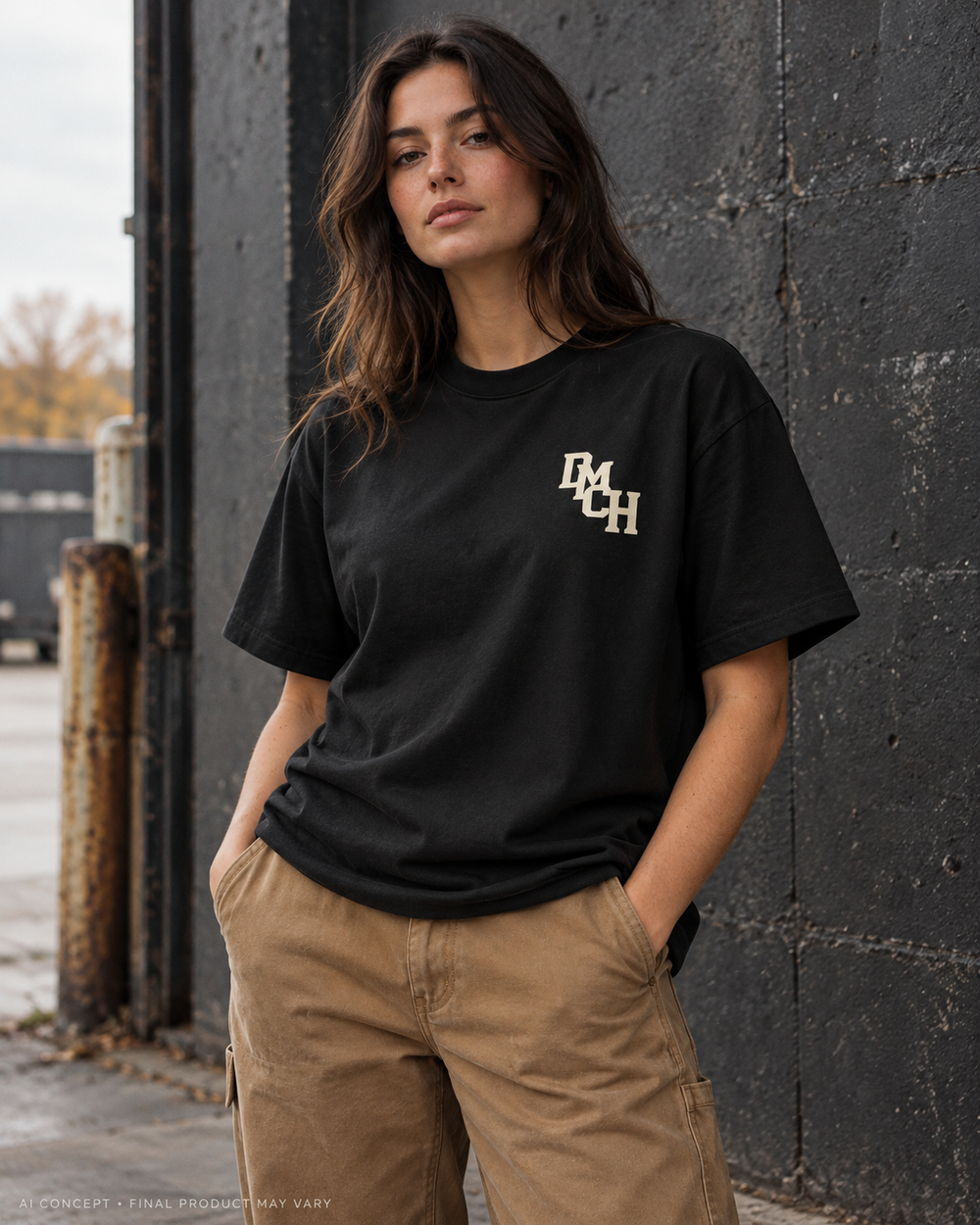 AI-generated lifestyle concept: DMCH Essential Heavyweight Tee. Final garment, fit, colour and decoration may vary; physical sample verification pending.
