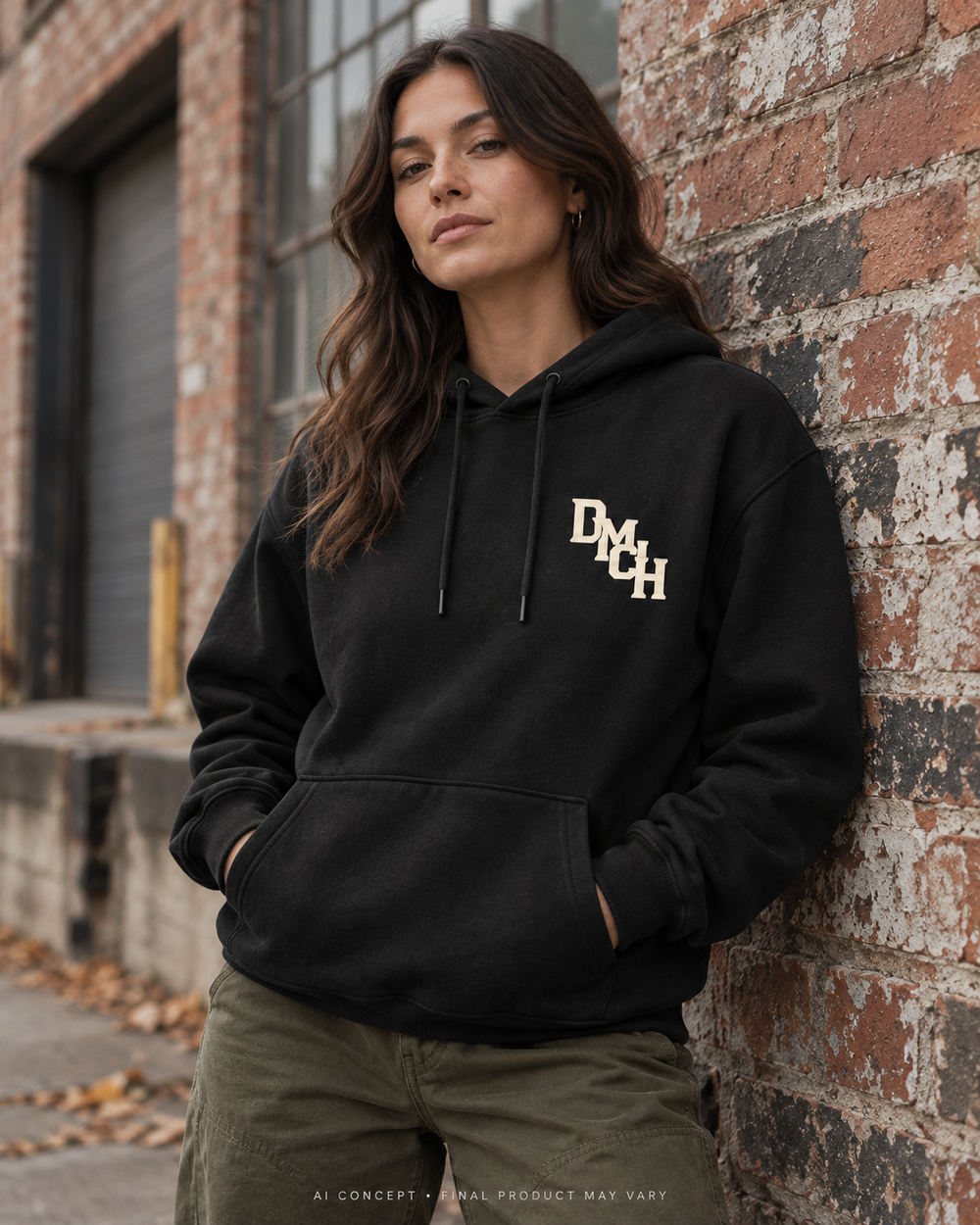 AI-generated lifestyle concept: DMCH Essential Pullover Hoodie. Final garment, fit, colour and decoration may vary; physical sample verification pending.