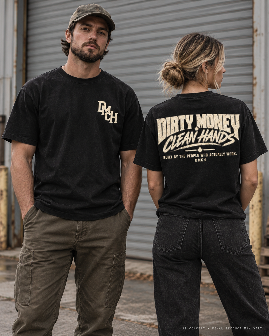 AI-generated lifestyle concept: DMCH Original Heavyweight Tee. Final garment, fit, colour and decoration may vary; physical sample verification pending.