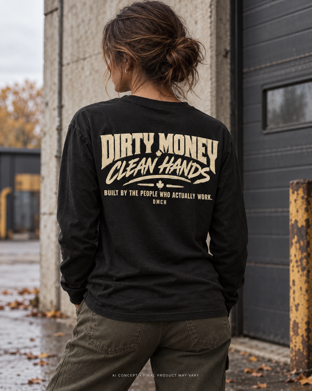AI-generated lifestyle concept: DMCH Original Long Sleeve. Final garment, fit, colour and decoration may vary; physical sample verification pending.