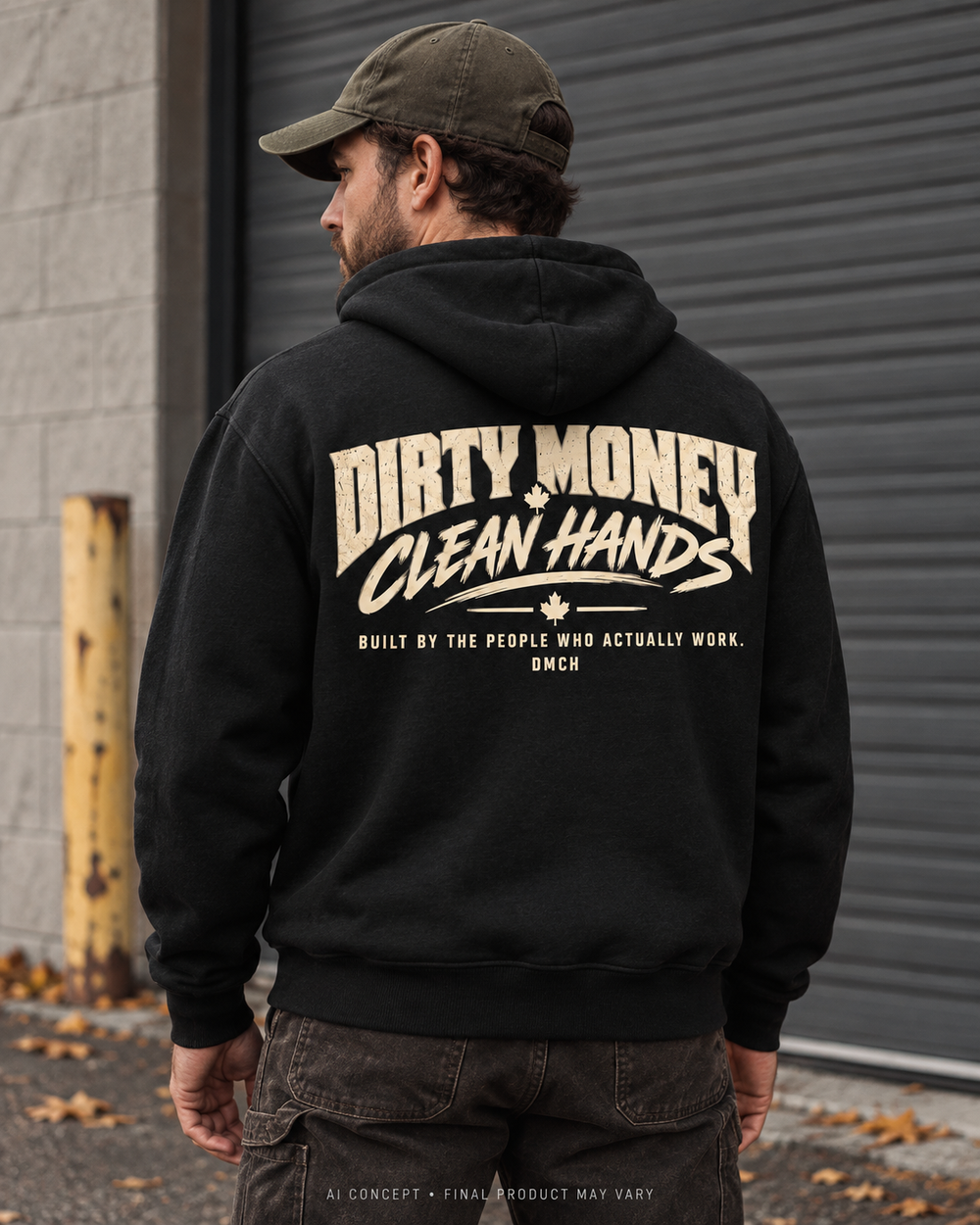 AI-generated lifestyle concept: DMCH Original Pullover Hoodie. Final garment, fit, colour and decoration may vary; physical sample verification pending.