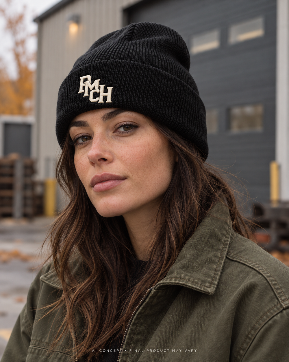 AI-generated lifestyle concept: DMCH Shift Cuffed Beanie. Final garment, fit, colour and decoration may vary; physical sample verification pending.