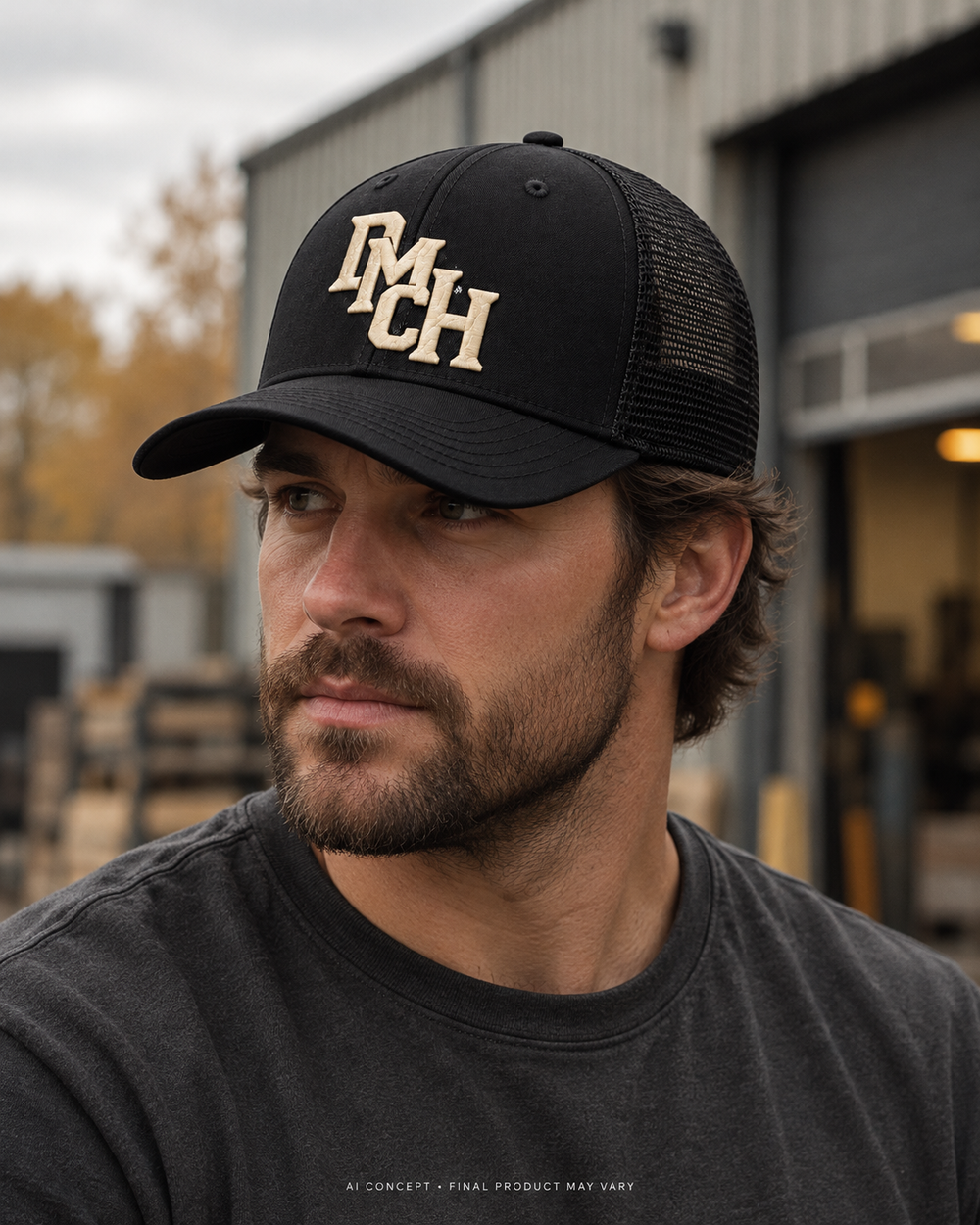 AI-generated lifestyle concept: DMCH Shop Trucker Cap. Final garment, fit, colour and decoration may vary; physical sample verification pending.